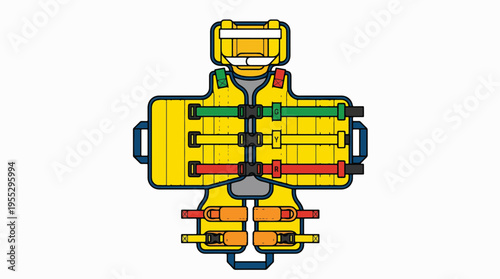 A top-down, stylized illustration of a yellow medical rescue vest with multiple straps in red, green, and orange.