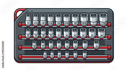 A neatly organized set of socket wrenches, displaying metric and imperial sizes in a red and gray toolbox.