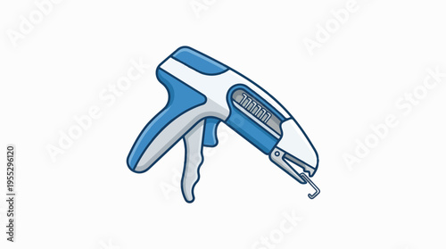 A cartoon illustration of a blue and white tagging gun, a tool used for attaching price tags to merchandise.