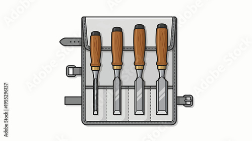 Four sharp woodworking chisels with wooden handles are neatly arranged in a gray rolled-up case with straps and buckles.