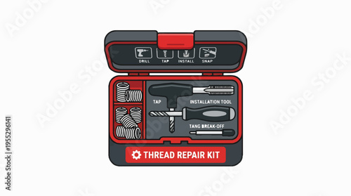 A thread repair kit in a red and black case, containing drills, taps, an installation tool, and wire thread inserts.