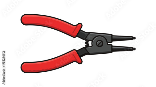 A cartoon illustration of a pair of snap ring pliers with red handles and black jaws, isolated on a white background.