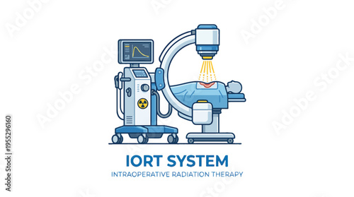Illustration of an IORT system, a medical device for intraoperative radiation therapy, positioned above a patient lying on an examination table.