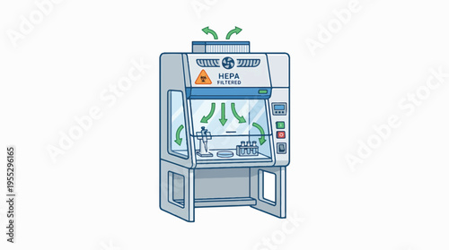 Illustration of a biosafety cabinet with HEPA filtration, showing airflow patterns for laboratory safety.