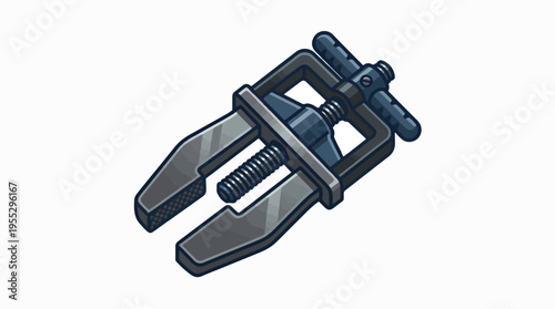 A grey metal gear puller tool with a threaded shaft and two gripping arms, used for removing gears and bearings from shafts.