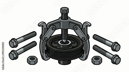 A three-jaw gear puller is shown, gripping a grooved pulley, with four bolts and two nuts beside it.