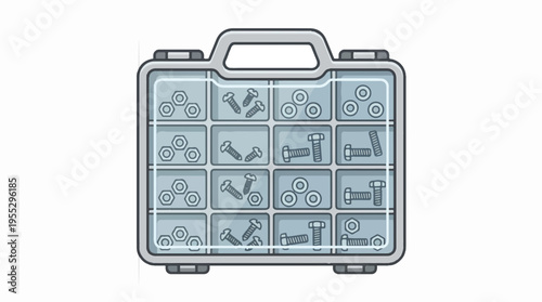 An open, clear plastic organizer case filled with various compartments containing nuts, bolts, and washers.