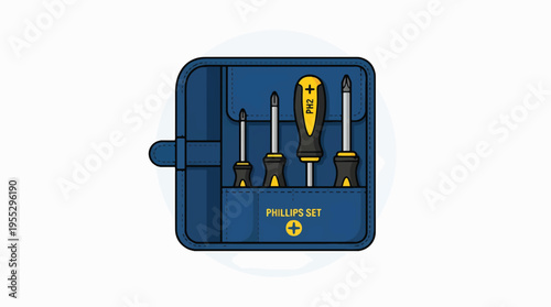 Illustration of a blue carrying case holding a set of four Phillips screwdrivers with black and yellow handles. One screwdriver is labeled PH2. Tool set for repair.