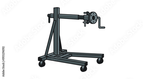An illustration of a gray, portable engine stand with a rotating mounting head and crank handle, used by mechanics for automotive engine repair and maintenance.