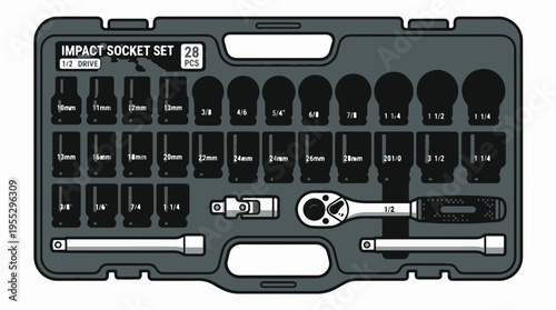 A 28-piece 1/2 drive impact socket set is neatly organized in a black plastic case, featuring a ratchet and extensions.