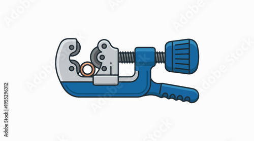 Cartoon illustration of a blue and silver pipe cutter tool with a small copper pipe inserted, used for plumbing and various cutting tasks.