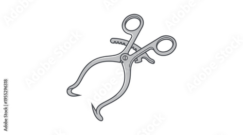 An illustration of a grey surgical clamp or forceps with finger loops, a ratchet locking mechanism, and curved jaws, presented on a white background.