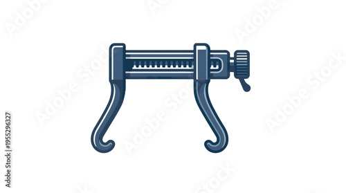 A blue, stylized mechanical tool, possibly a piston ring compressor or specialized clamp, featuring a threaded rod, turning knob, and two curved hook-like legs on a white background.