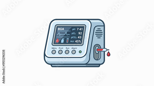A cartoon style illustration of a blood gas analyzer (BGA) machine displaying patient blood parameters like pH, pO2, pCO2, and Hct. A blood sample is being drawn into the device.