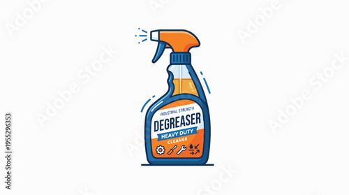 A blue spray bottle with an orange trigger and cap, labeled INDUSTRIAL STRENGTH DEGREASER HEAVY DUTY CLEANER. It has tools and gears on the label, and a spray mist coming from the nozzle.
