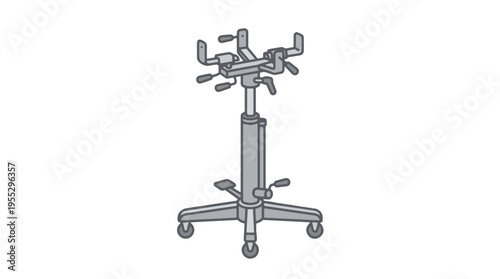 An illustration of a gray, adjustable-height automotive transmission jack with a wheeled base and gripping arms, designed for lifting and holding heavy components.