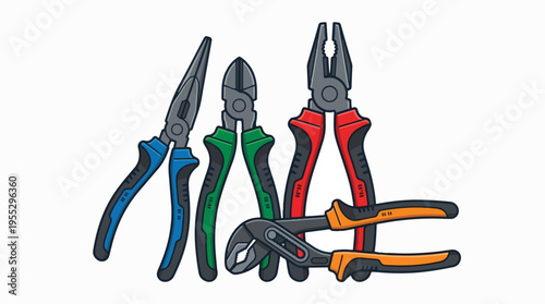 An illustration showing a group of four different types of hand tools: long-nose pliers, diagonal cutters, combination pliers, and adjustable water pump pliers, on a white background.