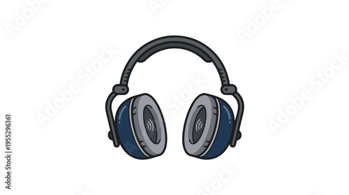 Cartoon-style illustration of a pair of over-ear headphones with dark blue earcups and a black headband on a white background.