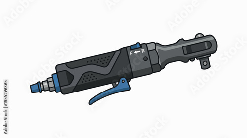 A cartoon illustration of an air powered ratchet wrench. The pneumatic tool features a dark gray and black body with blue accents, a trigger, and a forward/reverse switch, on a white backgro