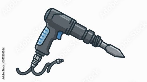 A stylized illustration of a gray handheld jackhammer or demolition hammer with a blue trigger, pointed bit, and a hose connector, set against a white background.