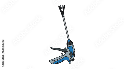 An illustration of a blue and grey laparoscopic surgical instrument, featuring a long shaft, trigger handle, and a multi-pronged grasping or clip-applying tip on a white background.