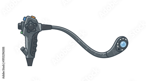 An illustration of a medical endoscope device, featuring a handle with controls and a long flexible tube with a camera lens at its curved tip, set against a white background.