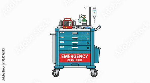 An illustration of an emergency crash cart with a medical monitor, oxygen tank, and IV drip. The blue cart is clearly labeled 'EMERGENCY CRASH CART' in red.