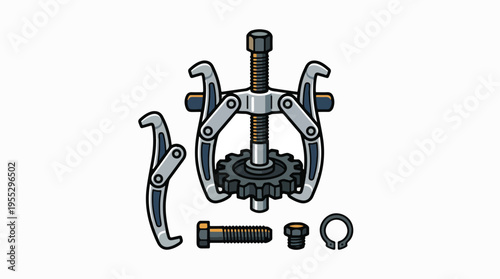Illustration of a 3-jaw gear puller tool, disassembled, with its parts: arms, central screw, bolt, nut, and a gear it's designed to remove. Mechanical repair tool.