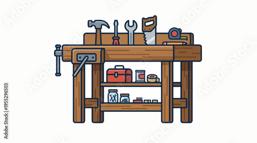 An illustration of a sturdy wooden workbench with a vise, featuring various hand tools like a hammer, saw, screwdriver, wrench, and tape measure. Shelves hold a toolbox, jars, and other work