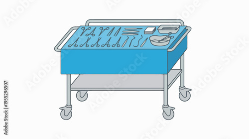 A sterile medical instrument trolley with a blue cover, displaying an organized array of various surgical tools including scissors, forceps, scalpels, and bowls.