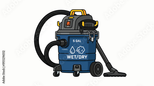 An illustration of a blue 5-gallon wet/dry shop vacuum cleaner with a hose, nozzle, wheels, and a yellow handle, set against a white background.