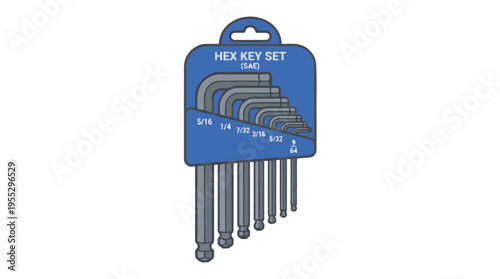 A set of L-shaped, metallic gray hex keys (Allen wrenches) in various SAE sizes, organized in a blue plastic holder labeled HEX KEY SET, against a white background.