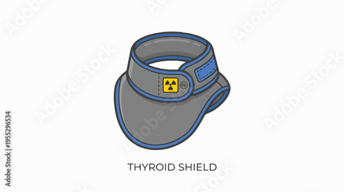 An illustration of a grey thyroid shield with blue trim and a radiation symbol, used for protection during medical procedures involving radiation.