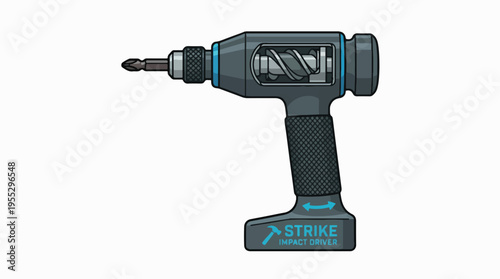Illustration of a cordless impact driver with a cutaway view, revealing its internal helical cam and hammer mechanism. Branded 'STRIKE IMPACT DRIVER'.