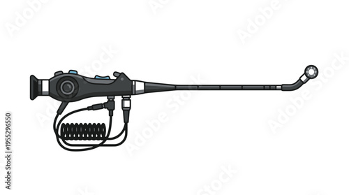 A black and silver medical endoscope with a control handle, long flexible tube, and a lighted tip, isolated on a white background.