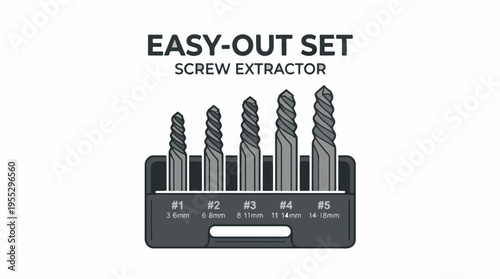 A vector illustration of an Easy-Out screw extractor set, featuring five different sized extractors (#1 to #5) in a black holder, labeled with size ranges, on a white background.