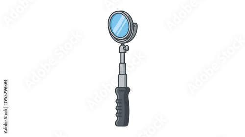 A cartoon-style illustration of an adjustable inspection mirror with a round reflective surface, telescoping handle, and textured grip, isolated on a white background.