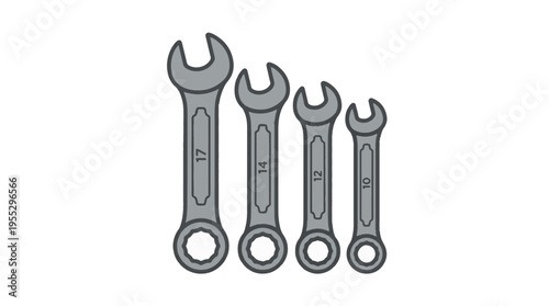 Four grey combination wrenches, sized 17, 14, 12, and 10, arranged vertically on a white background. They feature both open and ring ends.