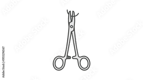 Outline illustration of a surgical needle holder or hemostat gripping suture material. This medical instrument is shown with finger loops and serrated jaws.