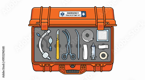 An open orange emergency tracheotomy kit containing an organized array of medical tools: a scalpel, tubes, forceps, syringe, tape, and gauze, set against a white background.
