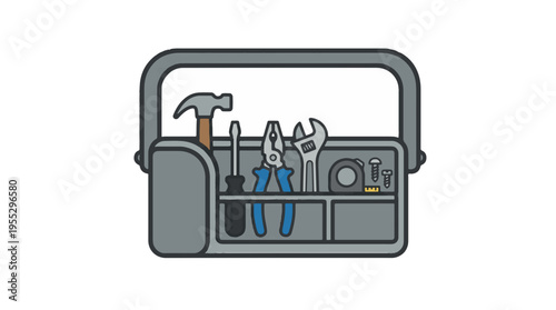 An illustration of an open gray toolbox, neatly organized with essential hand tools including a hammer, screwdriver, pliers, wrench, and tape measure.