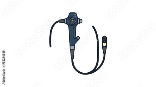 A vector illustration of a medical endoscope, featuring its control handle and long, flexible probe. Used for internal bodily examinations and diagnostics.