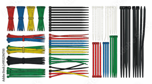 Collection of multicolored plastic cable ties (zip ties) in various sizes and quantities, bundled and loose, against a white background.