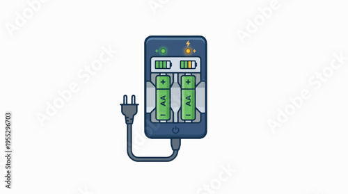 An illustration of a battery charger with two AA batteries. One is fully charged (green light), the other is charging (orange light with lightning bolt). A power plug is connected.