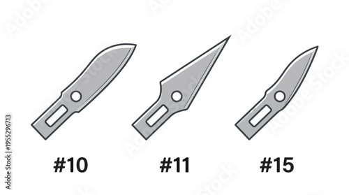 Three distinct scalpel blades, numbered #10, #11, and #15, are displayed side-by-side on a white background, highlighting their varied shapes and sharp edges.