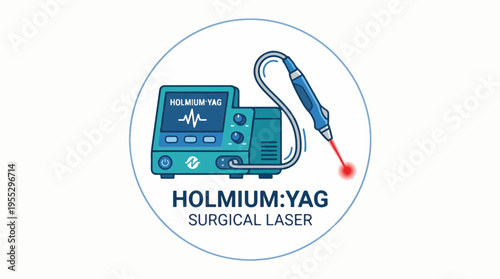 An illustration of a Holmium:YAG surgical laser device and handpiece emitting a red laser beam, labeled 'HOLMIUM:YAG SURGICAL LASER' within a blue circle.