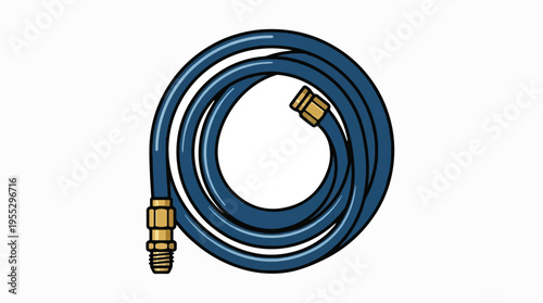 An illustration of a dark blue hose, possibly a garden or air hose, coiled into a neat spiral. It has golden brass-colored fittings on both ends, set against a clean white background.