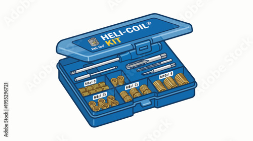 A blue HELI-COIL thread repair kit is open, displaying various threaded inserts (M6, M8, M10), a tap, drill bit, and installation tools organized in compartments.