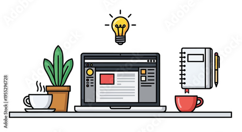 A brightly colored illustration of a workspace featuring a laptop plant and lightbulb