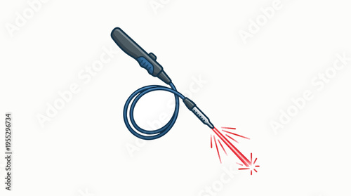 Illustration of a medical laser fiber delivery system. A handpiece connects to a coiled blue fiber emitting a red laser beam from its tip, suggesting surgical or therapeutic application.